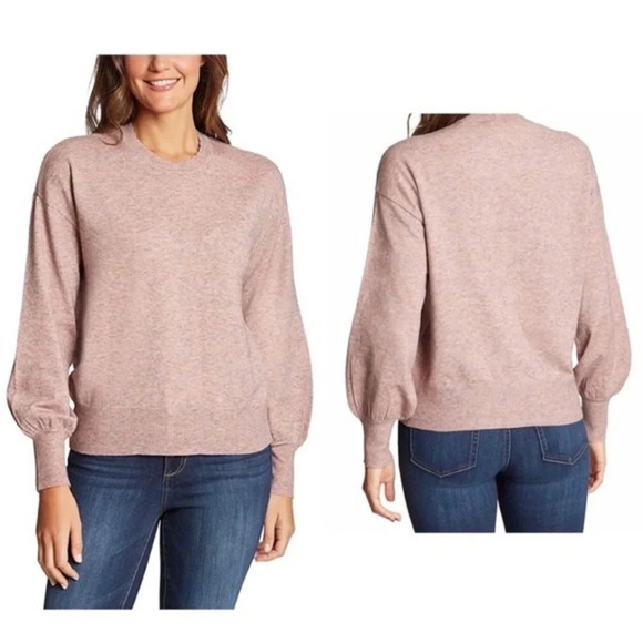 Ella Moss Maggie scalloped crewneck puffed sleeve heathered pink sweater medium - Picture 2 of 7